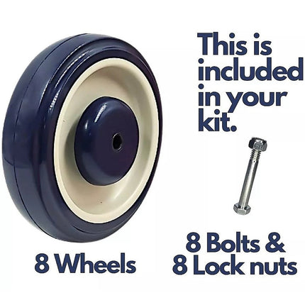 8 x 5" Diameter Wheels Nuts and Bolts included.