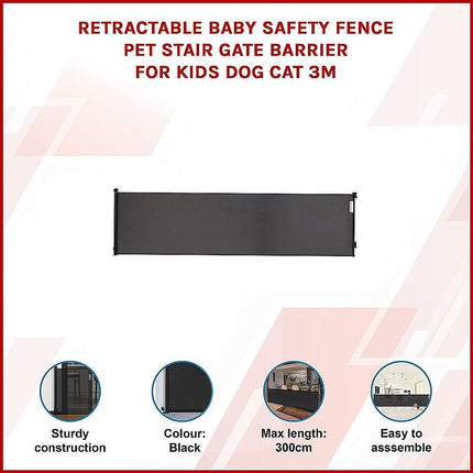Retractable Baby Safety Fence Pet Stair Gate Barrier for Kids Dog Cat 3M.