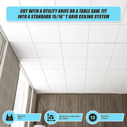 12x Smooth Drop Ceiling Tile 2ft x 2ft PVC Ceiling Panel.