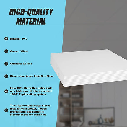 12x Smooth Drop Ceiling Tile 2ft x 2ft PVC Ceiling Panel.