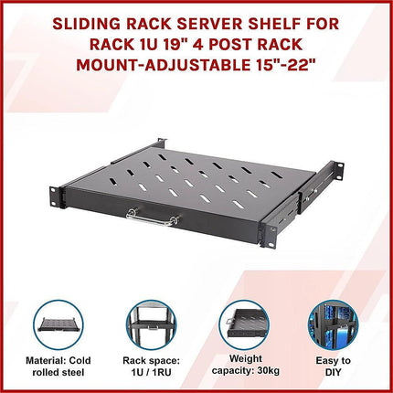 Sliding Rack Server Shelf 1U 19" 4 Post Mount – Adjustable 15" to 22" Rack Tray.