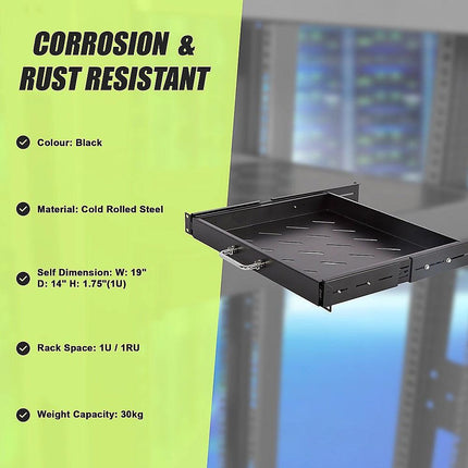 Sliding Rack Server Shelf 1U 19" 4 Post Mount – Adjustable 15" to 22" Rack Tray.