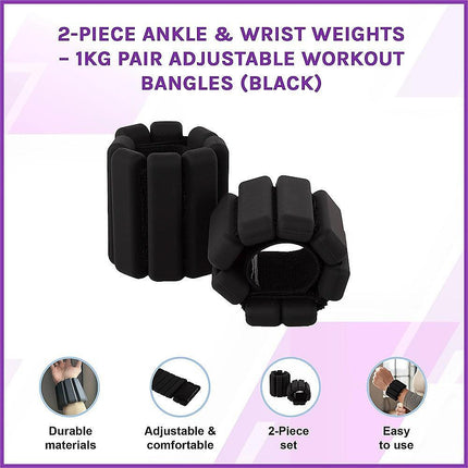 2-Piece Ankle & Wrist Weights – 1kg Pair Adjustable Workout Bangles (Black).