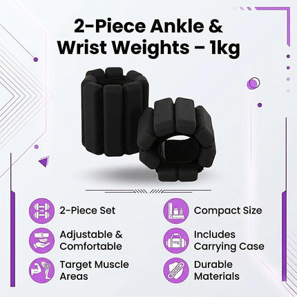 2-Piece Ankle & Wrist Weights – 1kg Pair Adjustable Workout Bangles (Black).