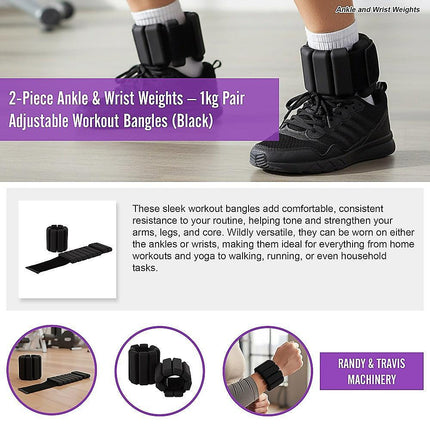 2-Piece Ankle & Wrist Weights – 1kg Pair Adjustable Workout Bangles (Black).