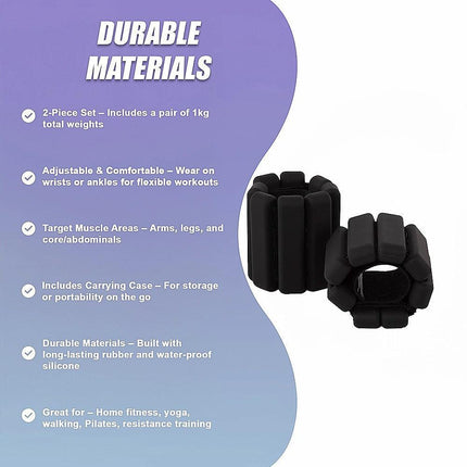 2-Piece Ankle & Wrist Weights – 1kg Pair Adjustable Workout Bangles (Black).