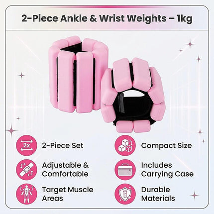 2-Piece Ankle & Wrist Weights – 1kg Pair Adjustable Workout Bangles (Pink).