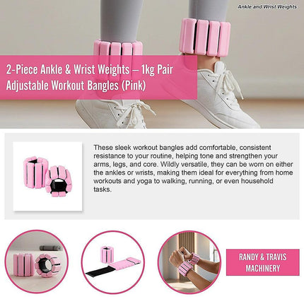 2-Piece Ankle & Wrist Weights – 1kg Pair Adjustable Workout Bangles (Pink).