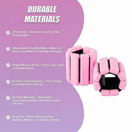2-Piece Ankle & Wrist Weights – 1kg Pair Adjustable Workout Bangles (Pink).