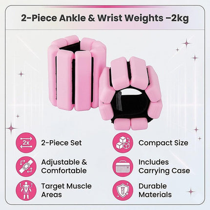 2-Piece Ankle & Wrist Weights – 2kg Pair Adjustable Workout Bangles (Pink).