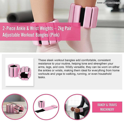 2-Piece Ankle & Wrist Weights – 2kg Pair Adjustable Workout Bangles (Pink).