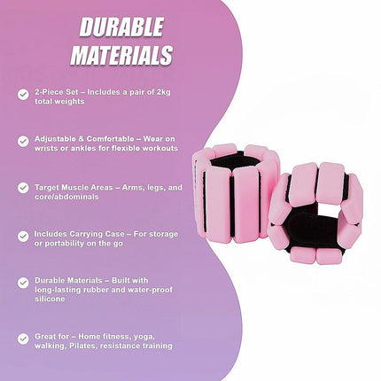 2-Piece Ankle & Wrist Weights – 2kg Pair Adjustable Workout Bangles (Pink).
