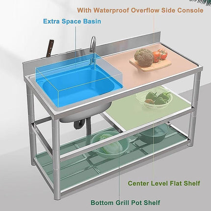 Freestanding Stainless Steel Kitchen Sink 120x50x79cm – Commercial Utility Wash Basin.
