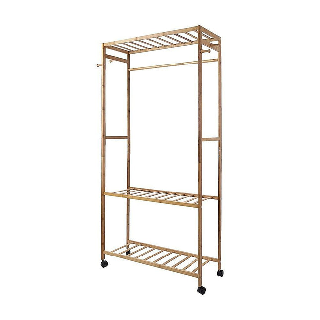Wooden Clothes Rail with Shelves & Wheels – Open Wardrobe Rack Stand.