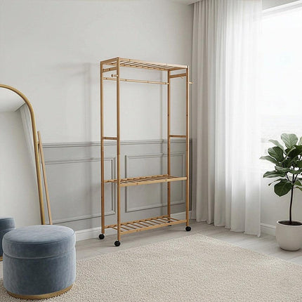Wooden Clothes Rail with Shelves & Wheels – Open Wardrobe Rack Stand.