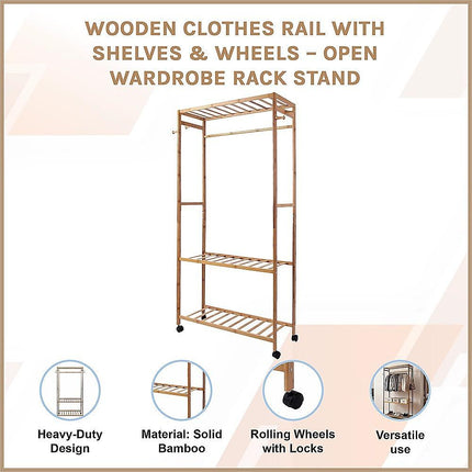 Wooden Clothes Rail with Shelves & Wheels – Open Wardrobe Rack Stand.