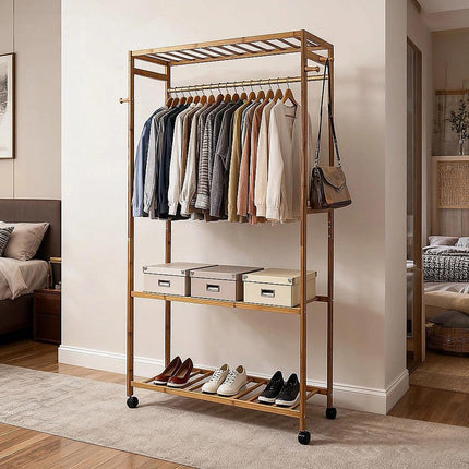 Wooden Clothes Rail with Shelves & Wheels – Open Wardrobe Rack Stand.