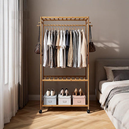 Wooden Clothes Rail with Shelves & Wheels – Open Wardrobe Rack Stand.