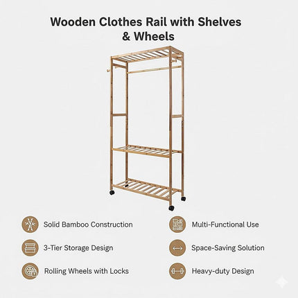 Wooden Clothes Rail with Shelves & Wheels – Open Wardrobe Rack Stand.