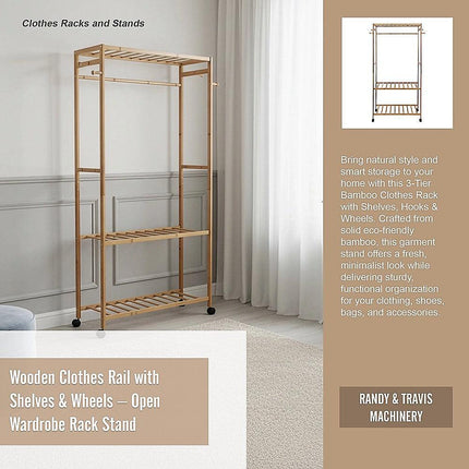 Wooden Clothes Rail with Shelves & Wheels – Open Wardrobe Rack Stand.