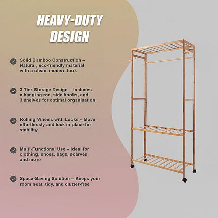 Wooden Clothes Rail with Shelves & Wheels – Open Wardrobe Rack Stand.