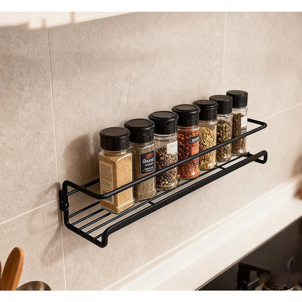 4pc Black Iron Wall Spice Rack – Kitchen Storage Shelf Set.