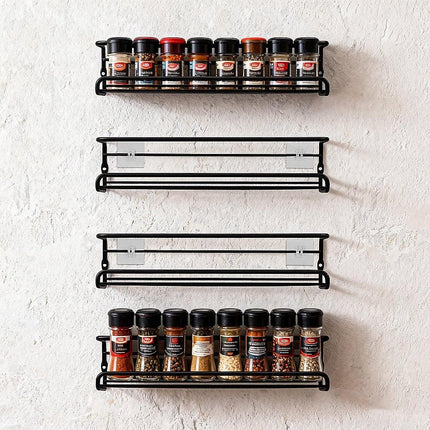 4pc Black Iron Wall Spice Rack – Kitchen Storage Shelf Set.
