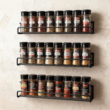 4pc Black Iron Wall Spice Rack – Kitchen Storage Shelf Set.