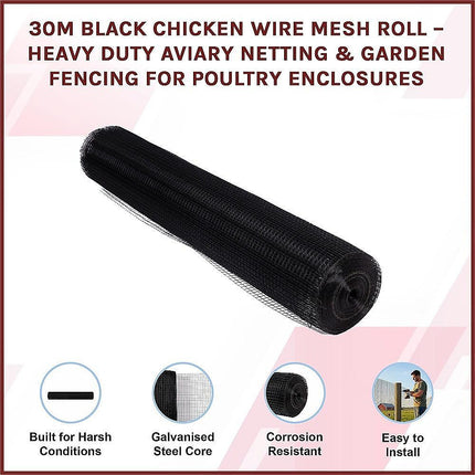 30m Black Chicken Wire Mesh Roll – Heavy Duty Aviary Netting & Garden Fencing for Poultry Enclosures.