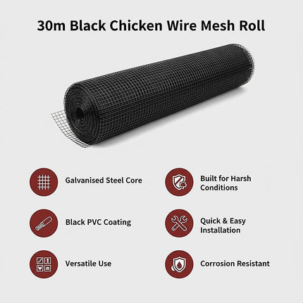 30m Black Chicken Wire Mesh Roll – Heavy Duty Aviary Netting & Garden Fencing for Poultry Enclosures.