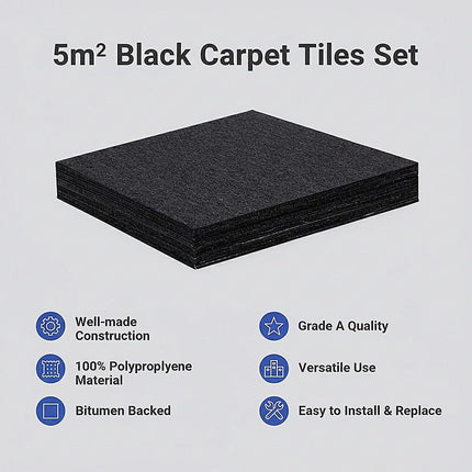 5m² Black Carpet Tiles Set – Commercial & Domestic Flooring for Office, Retail, Home.