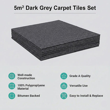 5m² Dark Grey Carpet Tiles Set – Commercial & Domestic Flooring for Office, Retail, Home.