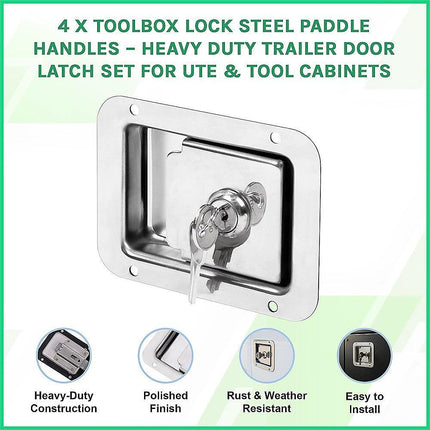 4 x Toolbox Lock Steel Paddle Handles – Heavy Duty Trailer Door Latch Set for Ute & Tool Cabinets.