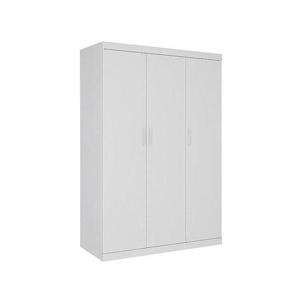 3 Door White Wardrobe – White Handles, Hanging Rail & Shelves.