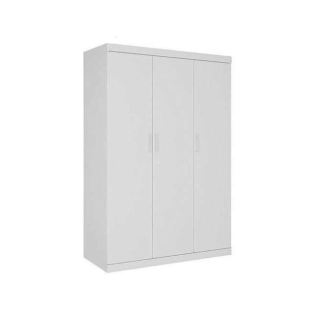 3 Door White Wardrobe – White Handles, Hanging Rail & Shelves.