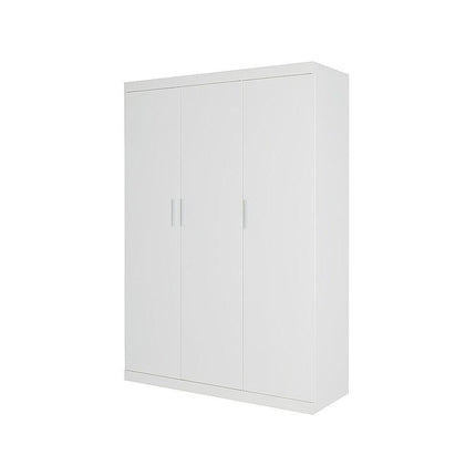 3 Door White Wardrobe – White Handles, Hanging Rail & Shelves.