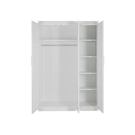 3 Door White Wardrobe – White Handles, Hanging Rail & Shelves.
