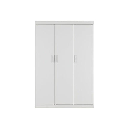 3 Door White Wardrobe – White Handles, Hanging Rail & Shelves.