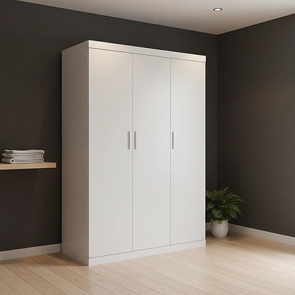 3 Door White Wardrobe – White Handles, Hanging Rail & Shelves.