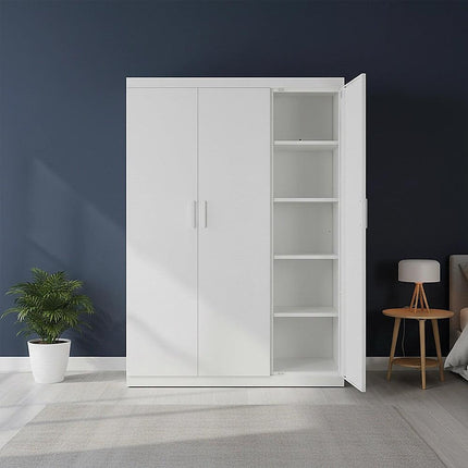 3 Door White Wardrobe – White Handles, Hanging Rail & Shelves.