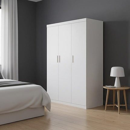 3 Door White Wardrobe – White Handles, Hanging Rail & Shelves.