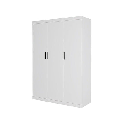 3 Door White Wardrobe – Black Handles, Hanging Rail & Shelves.