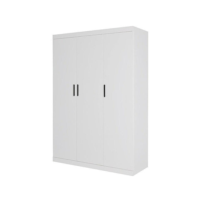 3 Door White Wardrobe – Black Handles, Hanging Rail & Shelves.