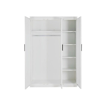 3 Door White Wardrobe – Black Handles, Hanging Rail & Shelves.