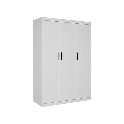3 Door White Wardrobe – Black Handles, Hanging Rail & Shelves.