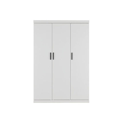 3 Door White Wardrobe – Black Handles, Hanging Rail & Shelves.
