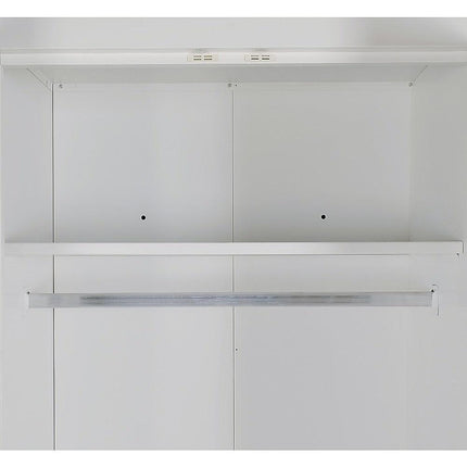 3 Door White Wardrobe – Black Handles, Hanging Rail & Shelves.