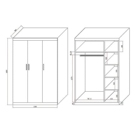 3 Door White Wardrobe – Black Handles, Hanging Rail & Shelves.
