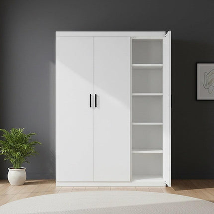 3 Door White Wardrobe – Black Handles, Hanging Rail & Shelves.