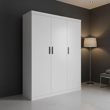 3 Door White Wardrobe – Black Handles, Hanging Rail & Shelves.